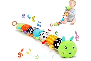 KINDLUME Babyleksaker 0 3 6 månader, mjukisdjur musikalisk leksak, Montessori sensorisk larv med spegel och krispigt papper