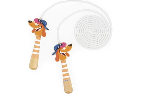 Janod - Corde à Sauter Réglable pour Enfants - Poignées Tetes de Chiens en Bois - 2m de Corde - Idéal pour Jouer en Extérieur et Activités dePlein Air - Développe la Motricité - Dès 3 Ans - J03378