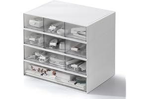 MUXHEL Organiseur de bureau empilable avec 9 tiroirs, boîte de rangement en plastique à 4 niveaux, boîte de rangement blanche pour maquillage, bijoux, fournitures de bureau, stylos