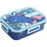Vagonlife Bento 750ml Lunchbox Sevimli Dostlar Tek Katlı 3 B&ouml;lmeli Paslanmaz &Ccedil;elik Sefer Tası Yemek Kutusu (Mavi Dinozor)