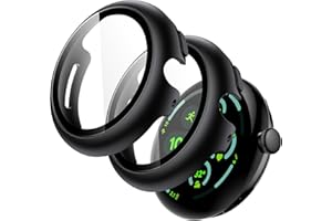 JETech Hülle mit Schutzfolie für Google Pixel Watch 3 (2024) 45mm, Eingebaut 9H Gehärteter Glas Displayschutz Harte PC Stoßfänger Vollabdeckung Schutzhülle, 2 Stück (Schwarz)