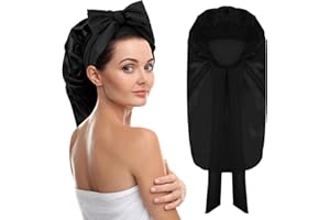 JIYIN Długa satynowa czapka do spania, bardzo długa jedwabna czapka do spania, regulowana, bardzo duża, satynowa czapka do spania dla kobiet, długie loki