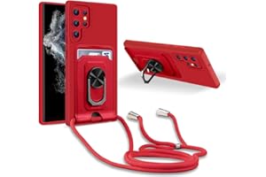 JMstore Handykette Schutzhülle Kompatibel mit Samsung Galaxy S22 Ultra,360° Ring Ständer magnetisches Eisenblech+Kartenfach Kameraschutz Stoßfester Silikon hülle-Rot
