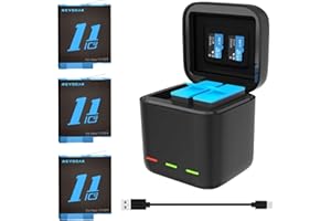 REYGEAK Lot de 3 Batteries et 3 canaux Chargeur Rapide pour GoPro Hero 12 Hero11/10/9 Entièrement Compatible avec Chargeur d'origine Hero 12/11/10/9 et Batteries(Chargeur +3 Batteries)