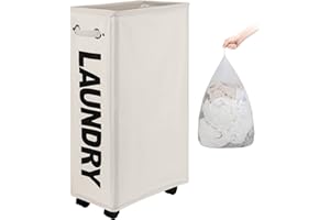DOKEHOM 29-Inches Enlarged Slim Laundry Basket with Removable Wash Bag on Wheels, Collapsible Rolling Laundry Hamper, Foldable Narrow Corner Clothes Storage Bins (Beige)