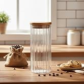 Deconox Linie Serisi Bambu Kapaklı Borosilikat Cam Kavanoz - 350 ml &Ccedil;izgili Vakumlu Baharatlık, &Ccedil;ay ve Kahve Saklama Kabı