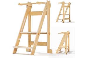 HELANGEL Torre de Aprendizaje Plegable, ayudante de Cocina Montessori Que Ahorra Espacio con barandillas de Seguridad, Taburete Ajustable para niños de 18 Meses a 5 años, Madera Natural (Capacidad de 50 kg)