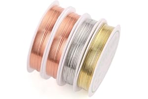 PFLYPF 4 rouleaux de fil de cuivre pour bijoux, diamètre du fil 0,3 mm, 15 m d'or d'argent de fil de cuivre rose, fabrication de bijoux en anneau, bijoux fil, fabrication artisanale de fleurs.