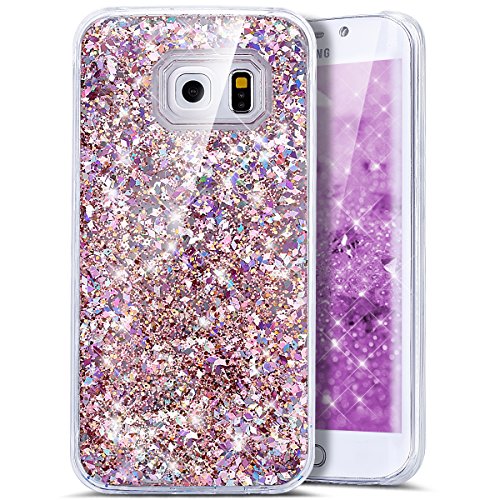 Galaxy S6 Edge Schutzhülle,Galaxy S6 Edge Hülle,Galaxy S6 Edge Flüssig Glitzer Hülle,Ukayfe Cool 3D Schwimmend Treibsand Flüssige Fließend Wasser Luxus Bling Hardcase Strass Glitzer Transparent Schutzhülle Crystal Clear Hülle Handyhülle Tasche Durchsichtig Hart PC Hüllen Handycover Schutz Cases Etui mit für Samsung Galaxy S6 Edge & 1 x Schwarz Eingabestift (Rosa)