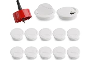 KAHOUI Pasacables para Escritorio, guía de Cables, Paquete de 12, pasacables de 60 mm con 1 Cubierta para Cables con Sierra Perforadora, pasacables Redondo para Mesa, Oficina, encimeras, Color Blanco