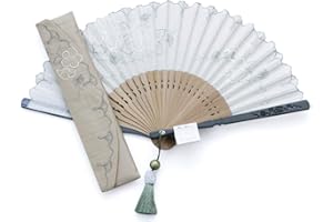 Maisendo Hand Fan Egg White Green Bamboo Wood and Japanese Cotton Premium Quality Fabric Case and Gift Box