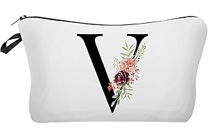 LARFRAECY Sac à CosméTiques Personnalisé Alphabet Imprimé De Fleurs,Trousse De Maquillage Portable De Voyage,Sac Cadeau De Stockage Imprimé MariéE Demoiselle d'honneur Sac De CosméTiques Cadeaux (V)