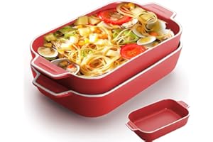 YFWOOD Lasagne Dish, 2PCS 9x5 inch Rectangular Ceramics Baking Dishes with Handle, Coloured Small Oven to Table Baking Dish Ideal for Oven Ceramic Baking Pan Lasagna Casserole Pan Individual Bakeware(Red)