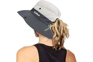 INOGIH Women's Outdoor UV-Protection-Foldable Sun-Hats Mesh Wide-Brim Beach Fishing Hat with Ponytail-Hole
