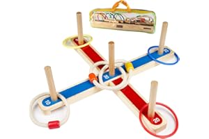 UlifeME gra do rzucania pierścieniami, gry ogrodowe dla dzieci i dorosłych, 5 drewnianych pierścieni linowych + 8 kolorowych pierścieni, 2 kształty do zabawy wewnątrz i na zewnątrz, z torbą