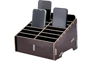 BENECREAT Scatola Porta Cellulare Staccabile In Legno con 14 scomparto, Scatola Porta Cellulare Marrone Cocco, Portaoggetti per Telefono Cellulare per L'Archiviazione Del Desktop,218x176x150mm
