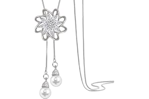 Gleamart Maple Leaf Pendant Necklace Crystals Pearl Long Sweater Chain