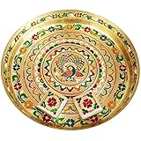 Balaji Arts Stainless Steel Handmade Meenakari Peacock Design Puja Thali for Home Décor (Gold)