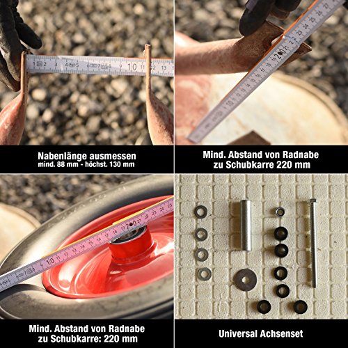 Pannensicheres Schubkarrenrad inkl. Universal Achsen-Set, Vollgummi-Reifen 400 mm mit Präzisions-Kugellager, Universal Schubkarren-Reifen PU auf Stahlfelge mit 150 kg Traglast - 4