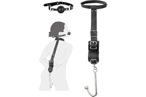Bondage-fängelseset, BDSM-analhake med munkavle, 2-i-1-bondageset i läder med bekväma och hållbara munkavlar, halsband och justerbara läderhandbojor