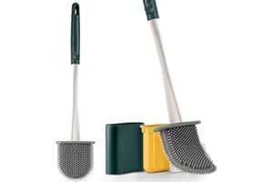HJHY Flat Silicone Toilet Brush Set with Holder White Toilet Bowl Scrubber Bathroom Cleaning Brush with Drippless Base Flexible Toilet Bowl with Silicone Bristles Floor-standing & Wall-mounted