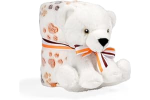 PERLETTI Manta Bebé Suave Cálida Acogedora Oso Polar de Peluche - Muselina Niño y Niña 0 1 2 3 Años Blanca con Lazo - Doudou para Niños Y Niñas con Muñeco Estampados - Tamaño 120x80 cm (Oso Polar)