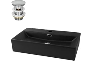 ML-Design Waschbecken aus Keramik in Schwarz matt 600x365x130mm inkl. Ablaufgarnitur, Eckige Aufsatzwaschbecken mit Überlauf, Moderne Waschtisch Waschschale Waschplatz Handwaschbecken, für Badezimmer