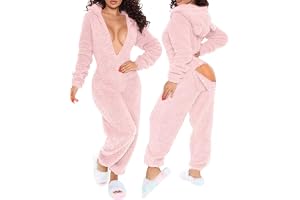 MANGGUO Dam fleece jumpsuit med huva och öron, damoverall med rumpklaff, pyjamas i ett stycke fluffig pyjamas plysch