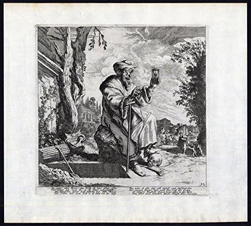 Antique Master Print-OLD MAN-DEATH-GRAVE-HOURGLASS-SKULL-Baur-Kusel-1670