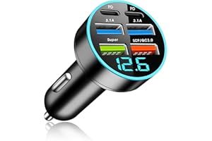 UOWW 66W Auto Ladegerät, Zigarettenanzünder USB mit 6 Anschlüssen [2PD+2USBA 3.1A+1Super+1SCP/QC3.0] Schnellladung 12V-24V, Adapter Steckdose mit LED Voltmeter für Android/I-Phone/Samsung/Tablet/Smartphone