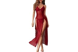 Cylt Blyss Women Lingerie Lace Babydoll Chemise Sexy Mesh Nightdress V Neck Nightwear Side Split Nightgown with Thong