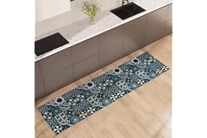 NARCISO Alfombra de cocina antideslizante lavable, 100 % vinilo engomado, antimanchas, antideslizante y lavable, alfombras de pasillo disponibles en varios metros (mayólica azul, 52 x 280 cm)