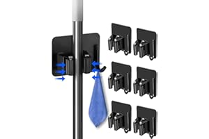 Henrycares 6-Pack Broom Mop Holder, Black Stainless Steel Self Adhesive Broom Holder Mop Holder Wall Mounted with Hook Hanger for Kitchen, Bathroom, Closet, Garden Garage etc