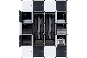 HENGMEI Armario Armario sistema de estanterías con puertas de plástico PP para guardar ropa, libros, bricolaje montaje (20 cajas con puerta, con 2 barras negras)