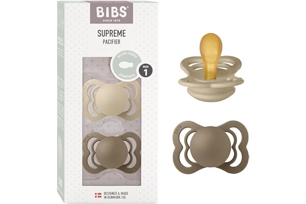 Tétine BIBS Supreme, lot de 2, caoutchouc naturel, tétine danoise de forme symétrique. Sans BPA. (Vanilla/Dark Oak, taille 1 (0-6 mois))
