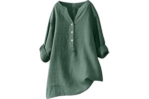 AMHOMELY Summer Tops for Women UK Plus Size Long Sleeve Tunic Tops V-Neck Button Longline Tops Cotton Linen Tee Shirt Blouse Work Office Casual Blouse Going Out Elegant Tops Holiday Clothings