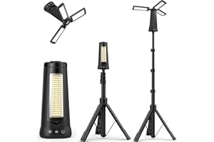 Adewalk Lampe de Camping LED 15000mAh Rechargeable avec Trépied, 5500LM Projecteur de chantier dimmable Étanche IP65, Lampe de Tente Portable avec Crochet pour Travail, Urgences et Chantier(Noir)