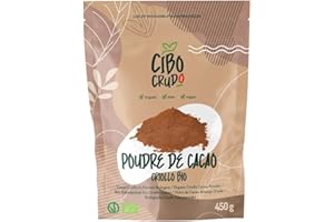 CIBO CRUDO CRUDO BIOLOGICO VEGAN Cacao en Poudre non Sucré Bio - 450g. Cacao Cru Amer Sans Sucre de Agriculture Biologique. Cocoa Powder de Nibs de Cacao Crues Criollo.