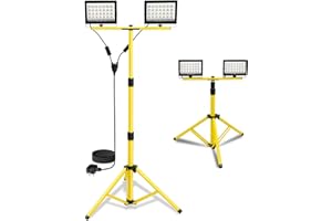 T-SUN 11000Lumen LED Work Light with Stand, 2 Adjustable Head LED Floodlight with 13FT Cord Individual Switch IP66 Waterproof Foldable Tripod Work Lights for Indoor Outdoor Job Site Workshop Garage