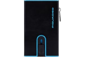 PIQUADRO – Portafoglio Compatto Blue Square – in Metallo e Pelle – Portacarte Automatico, Porta Monete, Protezione RFID, 2 comparti interni – Colore Nero – Uomo