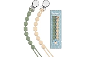 Kowlone Attache Sucette Silicone Soothie Tétine Clips Porte Accroche Chaîne pour Garçons et Filles Douche de Bébé 2pcs(Beige,Vert Mousse)