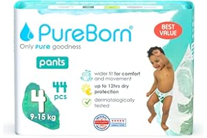 PureBorn Couches-Culottes Premium Pants, Taille 4 (9-15 kg), 44 Culottes Bébé, Protection Supérieure Jour et Nuit, Hypoallergénique, Ultra Douces, Testée dermatologiquement, Indicateur d'humidité