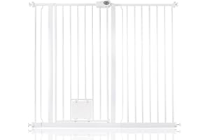 Bettacare Barrière pour Chien avec Chatière Verrouillable, 126,7 cm - 134,3 cm, Blanc, Hauteur de 104 cm, Barrière de Sécurité pour Animaux Extra Haute avec Chatière pour Chat