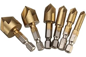 NUZAMAS Juego de 6 brocas avellanadas de 5 flautas, vástago hexagonal de 90 grados, borde biselado de titanio de 90 grados, tamaño de 6 mm, 8 mm, 9 mm, 12 mm, 16 mm, 19 mm