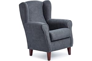 Sillonea - Sillón Orejero Roma, butaca pequeña para salón. Sillón de Lectura Individual, Ideal para Ver la TV/Leer. Medida: 100x74x77cm. Tapizado con Tela Antimanchas. (Marengo, Nogal)