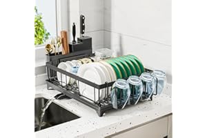 Multibao Dish Drainer Rack - Space Saving Dish Rack for Kitchen Counter, Kitchen Dish Drainer with Utensil Holder, Drain Board Cutlery Cup Holder Large Black