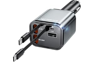 Aimtel Retrattile Caricabatterie Auto,Caricatore Auto USB Cavi di Ricarica Veloce (2.6Ft) e 2 porte USB Adattatore Caricabatterie da Auto compatibile con iPhone/Galaxy/Google/Huawei/Tablet