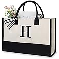 Personalized Initial Canvas Beach Bag, Monogrammed Gift Tote Bag for Women