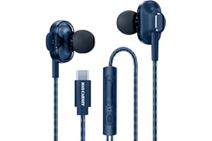 MAS CARNEY Słuchawki USB C TI9, Podwójna Matryca Głośników, Wbudowany Chipset Cyfrowy, Mikrofon, Pilot Zdalnego Sterowania, Słuchawki Douszne Kompatybilne z Telefonami Samsung, Huawei, iPad, niebieski