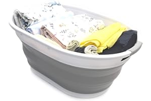 SAMMART 28L Faltbarer Wäschekorb aus Kunststoff - Ovale Wanne/Korb - Faltbarer Aufbewahrungsbehälter/Organizer - Tragbarer Waschtrog - Platzsparender Wäschekorb Wasserkapazität 22L (Grau)